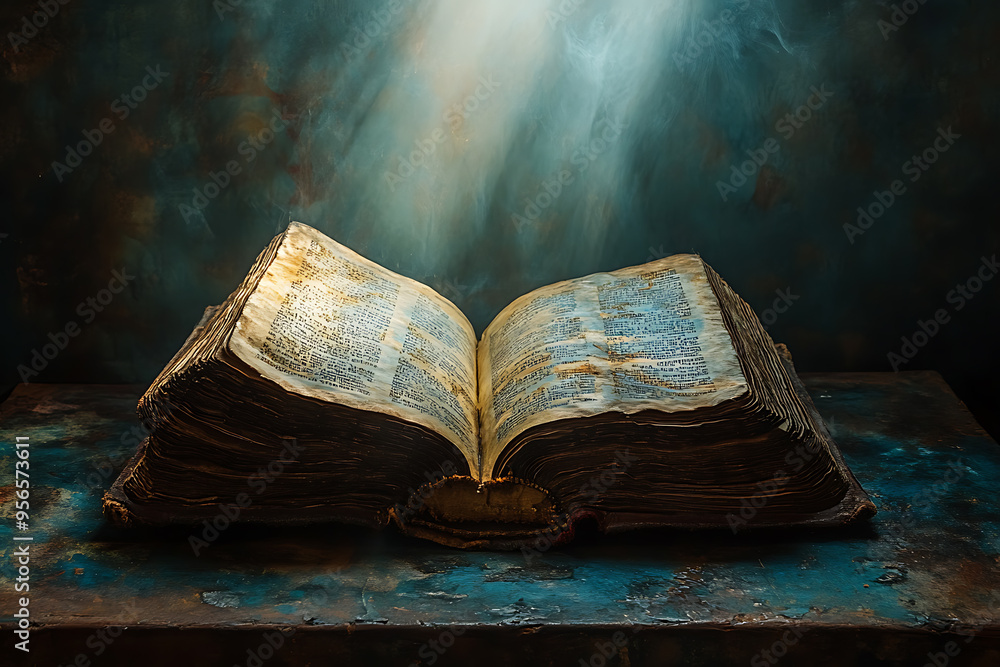 Poster an open book illuminated by a focused light from above, symbolizing divine guidance, with the light 