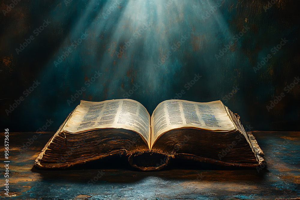 Poster an open book illuminated by a focused light from above, symbolizing divine guidance, with the light 