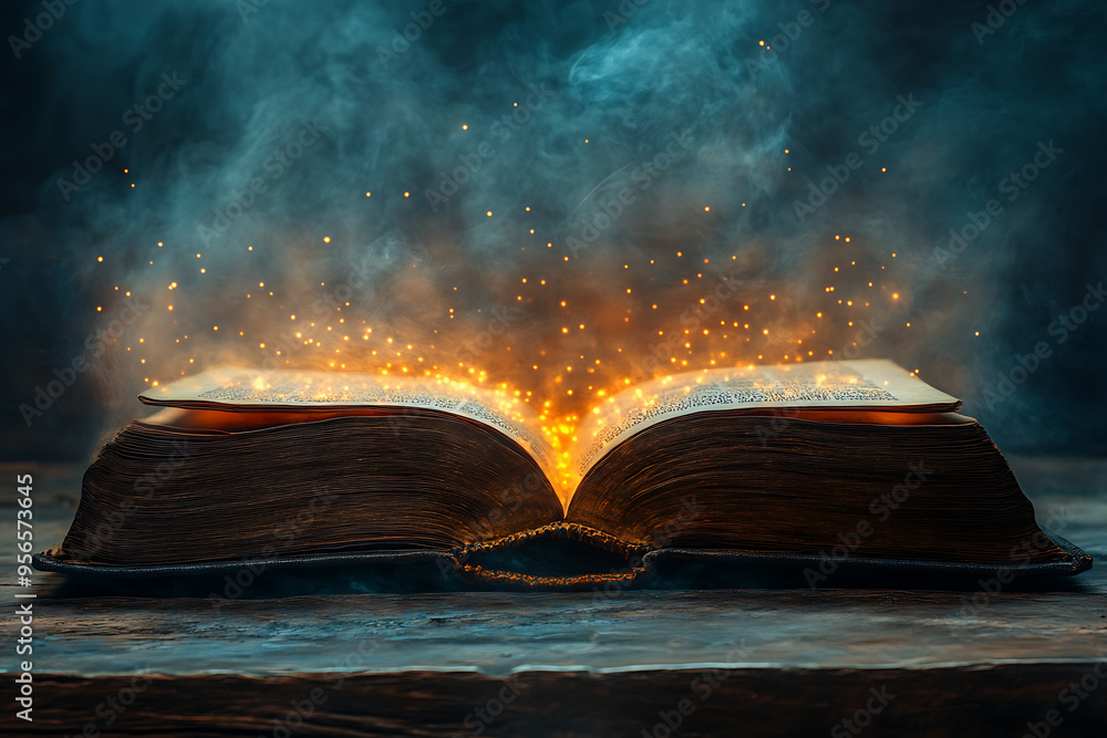 Poster an open book illuminated by a focused light from above, symbolizing divine guidance, with the light 