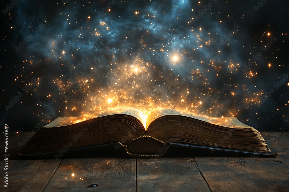 Poster an open book illuminated by a focused light from above, symbolizing divine guidance, with the light 