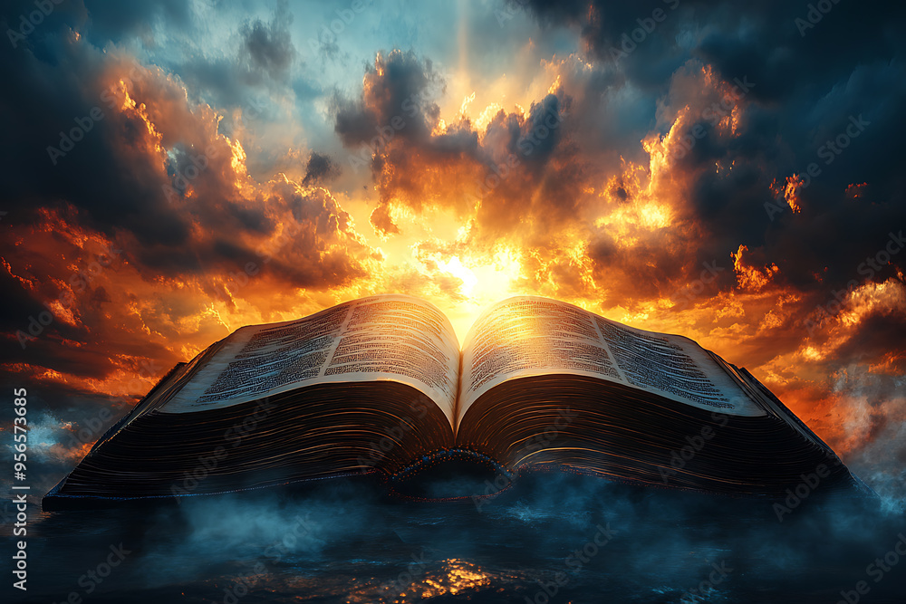 Poster an open book illuminated by a focused light from above, symbolizing divine guidance, with the light 