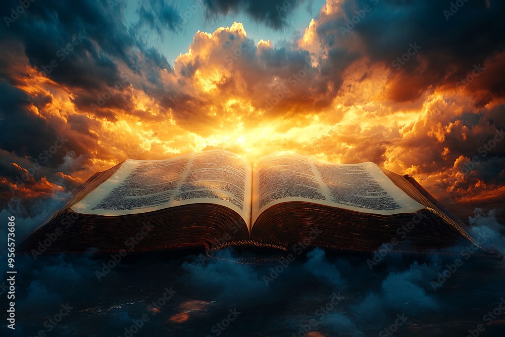Poster an open book illuminated by a focused light from above, symbolizing divine guidance, with the light 