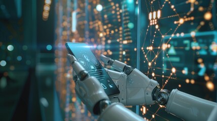 Modern technological concept of artificial intelligence and machine learning Person using smartphone with AI and search icons displayed.