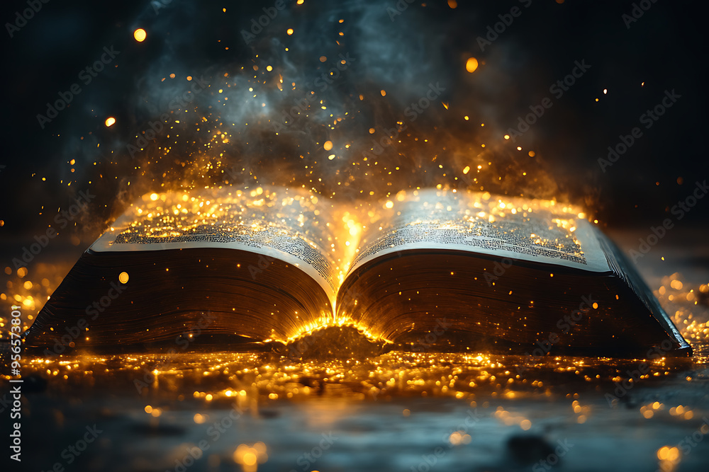 Poster an open book illuminated by a focused light from above, symbolizing divine guidance, with the light 