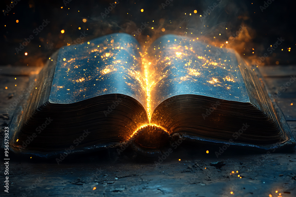 Poster an open book illuminated by a focused light from above, symbolizing divine guidance, with the light 
