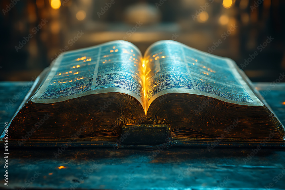 Poster an open book illuminated by a focused light from above, symbolizing divine guidance, with the light 