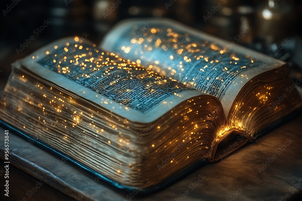 Poster an open book illuminated by a focused light from above, symbolizing divine guidance, with the light 