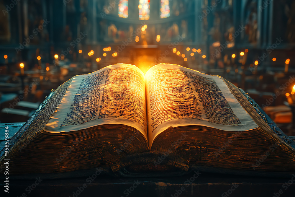 Poster an open book illuminated by a focused light from above, symbolizing divine guidance, with the light 
