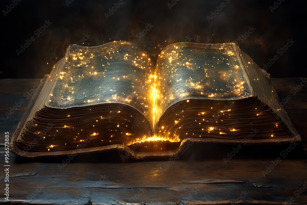 Poster an open book illuminated by a focused light from above, symbolizing divine guidance, with the light 