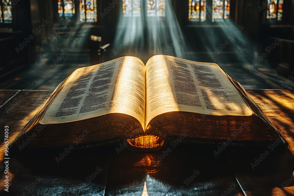 Poster an open book illuminated by a focused light from above, symbolizing divine guidance, with the light 