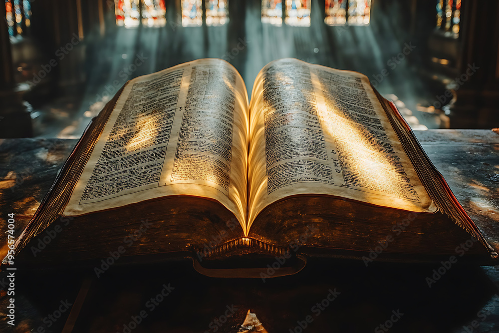 Poster an open book illuminated by a focused light from above, symbolizing divine guidance, with the light 