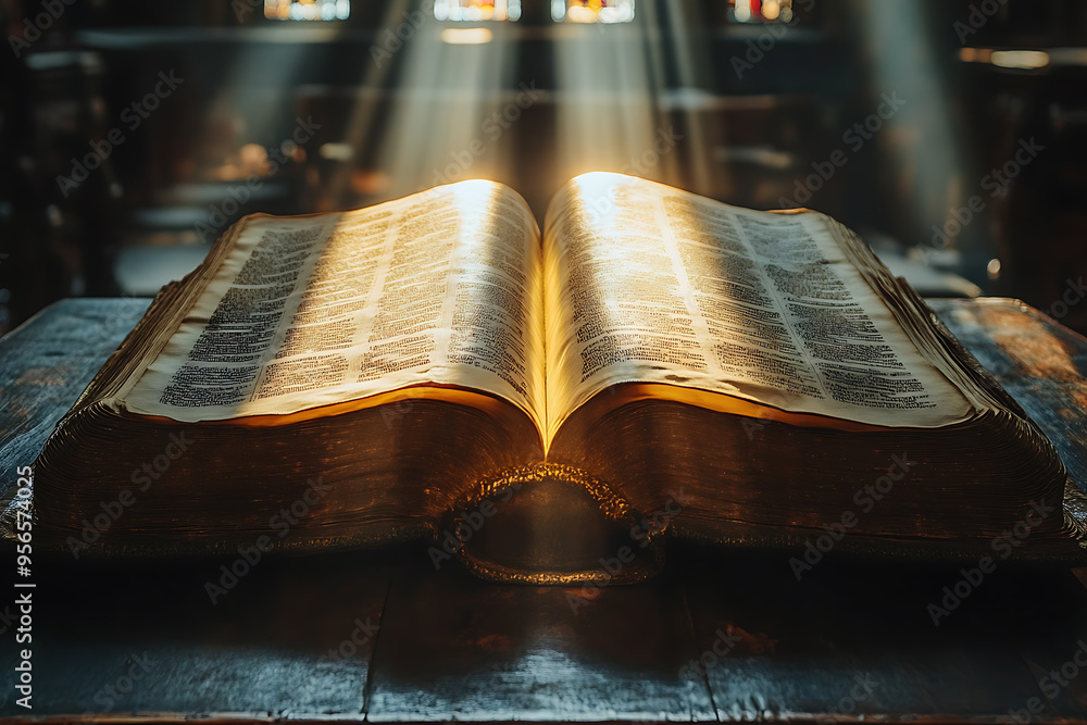 Poster an open book illuminated by a focused light from above, symbolizing divine guidance, with the light 