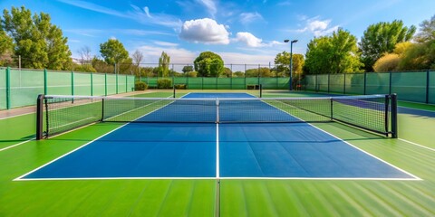 Pickleball game equipment on a court, pickleball, paddle, ball, sport, recreation, net, outdoor, activity, competitive, leisure, court