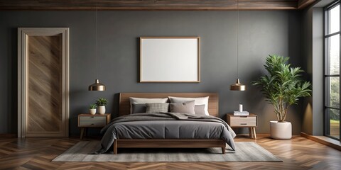 Mockup of wall art in a bedroom with a dark gray wall and dark wood frame, mockup, wall art, bedroom, dark gray