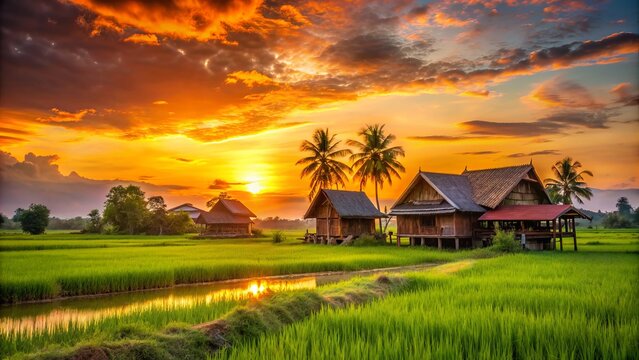 Vibrant orange sunset casts a warm glow over the serene rice fields and traditional wooden houses in rural Isaan, northeastern Thailand.