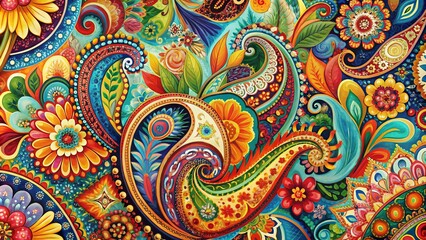 Vibrant paisley patterns swirl amidst abstract brushstrokes and bold colors in a mesmerizing fusion of modern art and classic textile design on a canvas backdrop.