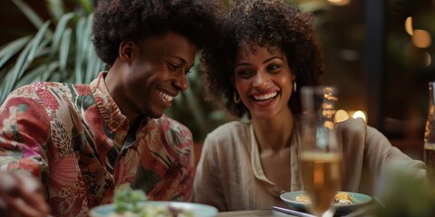 A happy couple enjoys a meal together at a dimly lit restaurant, both smiling and engaged in conversation, highlighting a moment of joy and connection.