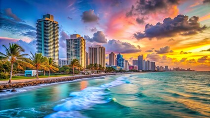 Fototapeta premium Vibrant pastel hues dance across the Miami coastline at dusk, where sleek skyscrapers meet turquoise waves and sun-kissed palm trees in a whimsical abstract scene.