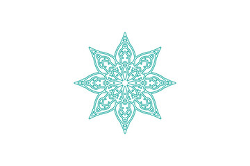 A turquoise, intricate Mandala design with symmetrical, floral patterns and delicate line work, radiating from a central point, set against a white background.