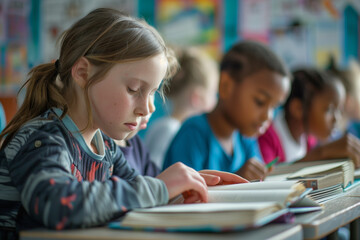 Students reading with concentration in a classroom with books. Generative AI