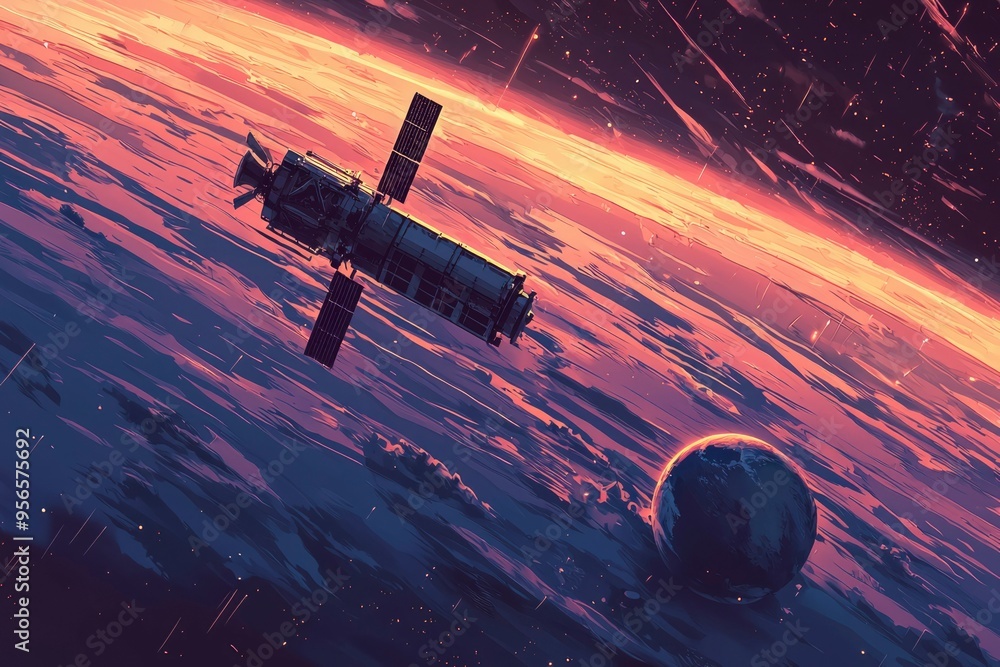 Poster a spacecraft orbiting a planet with a colorful atmosphere and stars