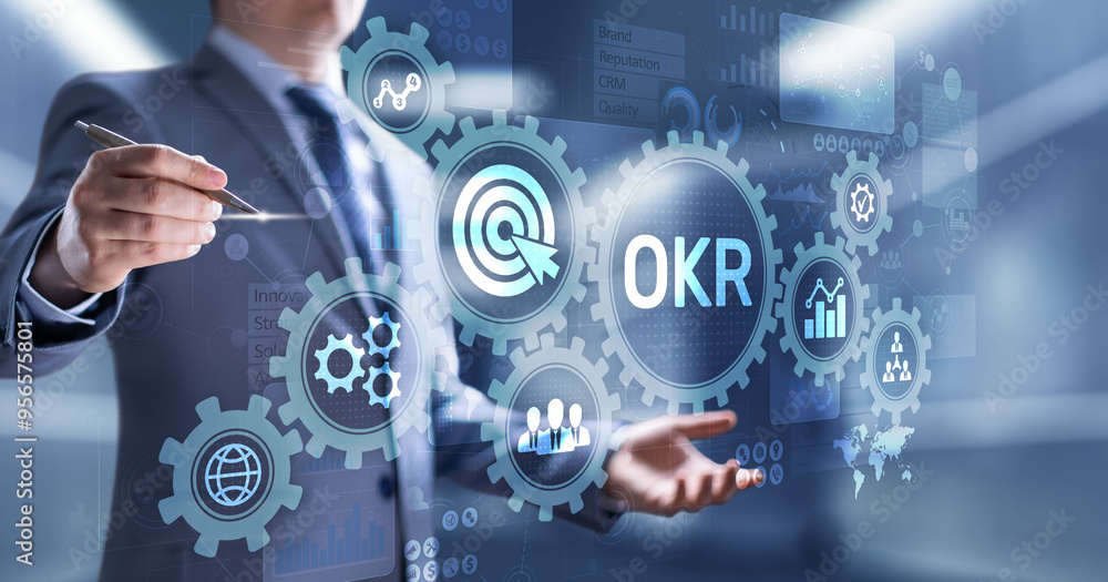 Poster objective key results business technology process improvement concept on virtual screen.