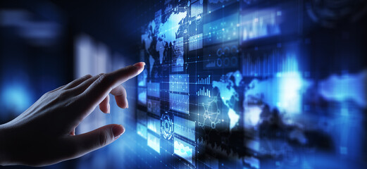 Business intelligence dashboard with graph and icons. Big data. Trading and investment. Modern technology concept on virtual screen.