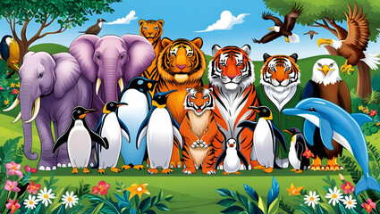 World Animal Day Poster/ Group of animals/ Wildlife conservation day/ animal illustration, AI generated