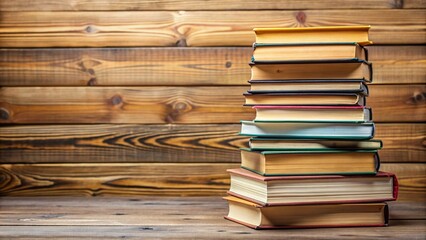 Naklejka premium Stack of various books on a wooden surface, education, literature, reading, library, knowledge, stack, stack of books