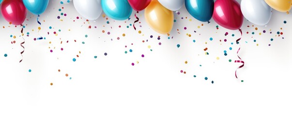 Festive balloons with ribbons and scattered confetti over white, representing celebration or party