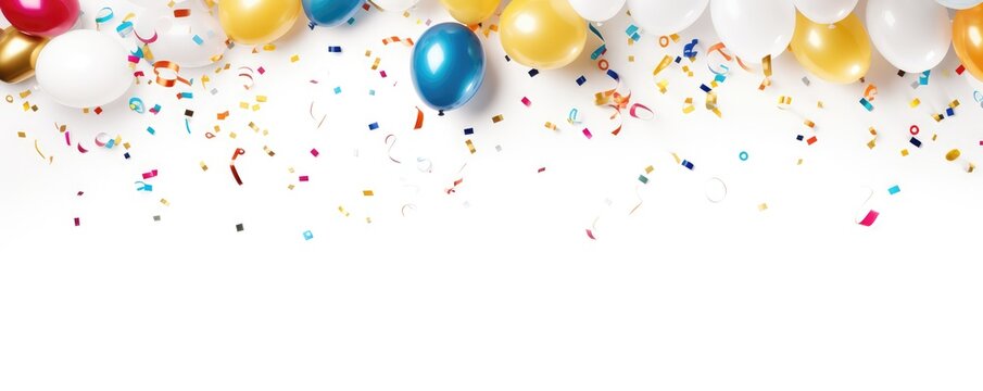 Festive balloons with ribbons and scattered confetti over white, representing celebration or party