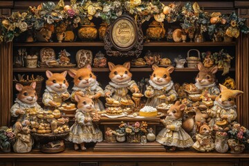 Fototapeta premium Whimsical Gathering of Adorable Animal Bakers in a Charming Vintage Bakery Display