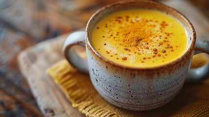 Vibrant golden milk turmeric latte in mug, with frothy top and sprinkled with turmeric, set on a cozy wooden table. 