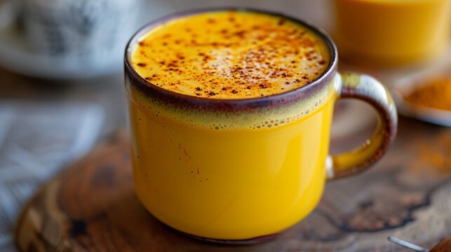 Vibrant golden milk turmeric latte in mug, with frothy top and sprinkled with turmeric, set on a cozy wooden table. 