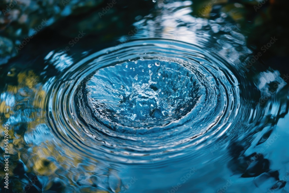 Poster water ripples in a pool. a photo of a water drop landing and creating circular ripples on a surface 