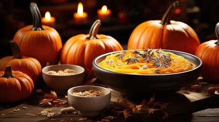 Pumpkin soup on a wooden background. 