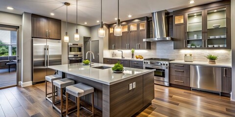 Modern kitchen interior design with sleek cabinets, stainless steel appliances, and quartz countertops, modern