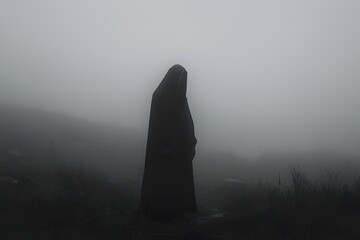 Mysterious figure shrouded in fog, embodying solitude and enigma.