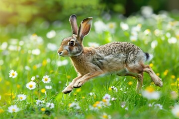 Obraz premium An elegant European hare running through a green meadow, flowers in full bloom around it.