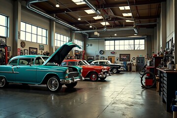 A garage filled with vintage and classic cars for sale or restoration