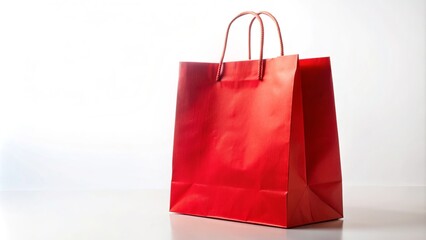 Vibrant red paper shopping bag with twisted paper handle sitting isolated on a white background, empty and waiting to be filled with goods.