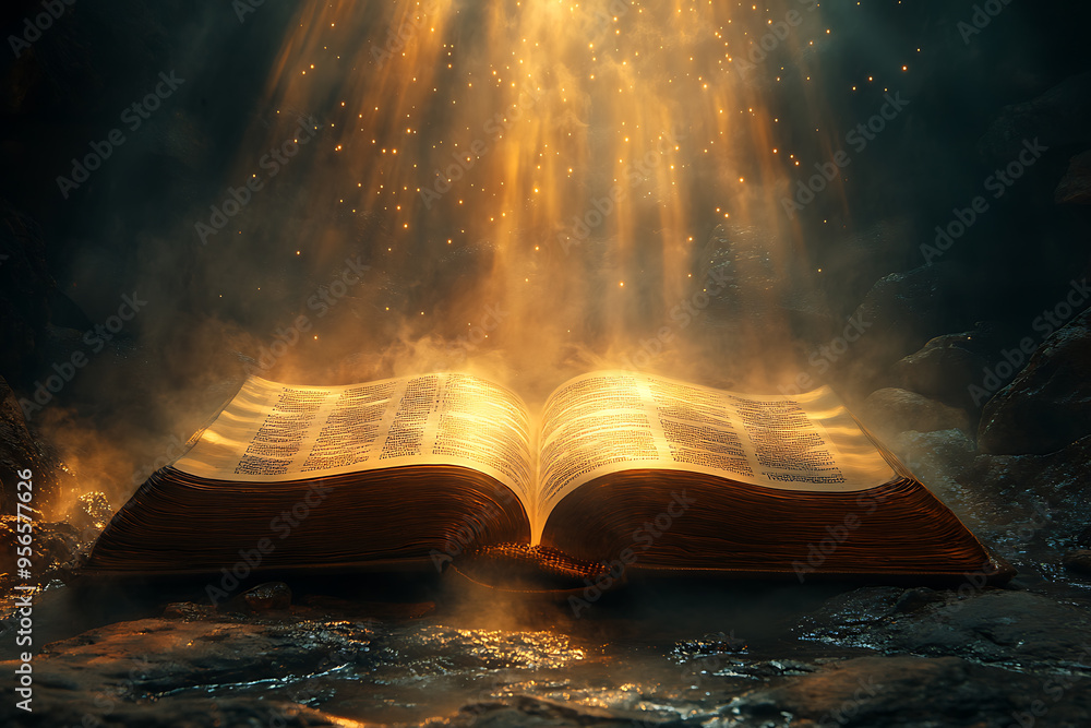 Poster an open book illuminated by a focused light from above, symbolizing divine guidance, with the light 