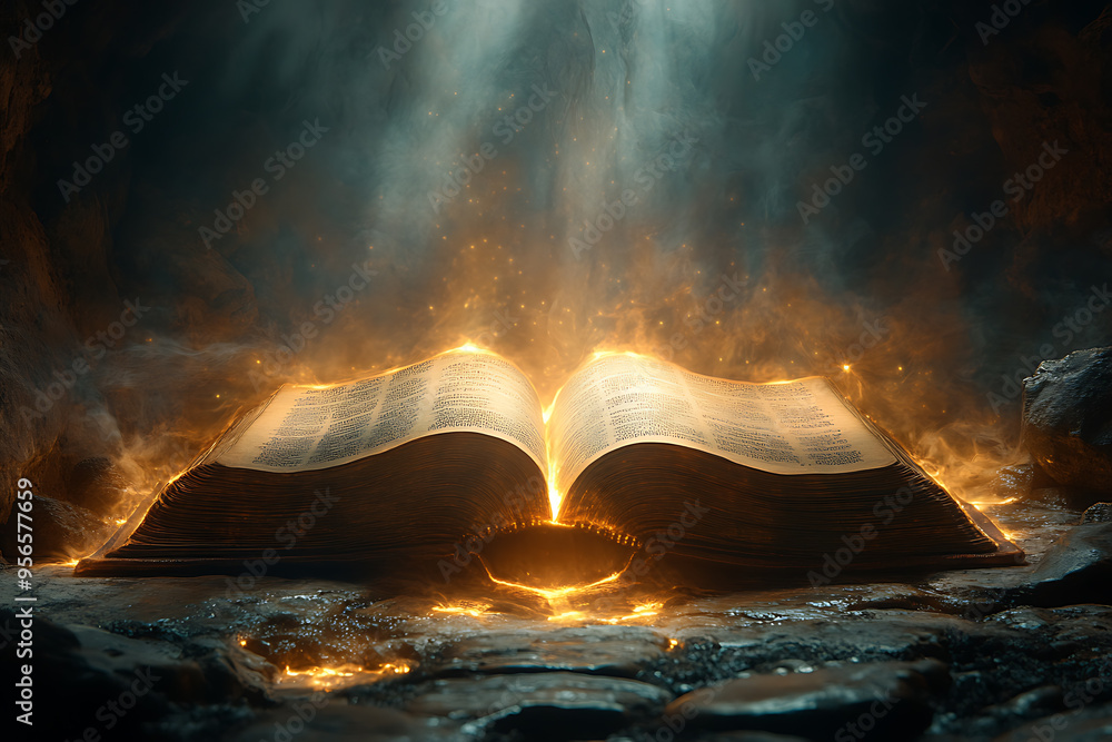 Poster an open book illuminated by a focused light from above, symbolizing divine guidance, with the light 