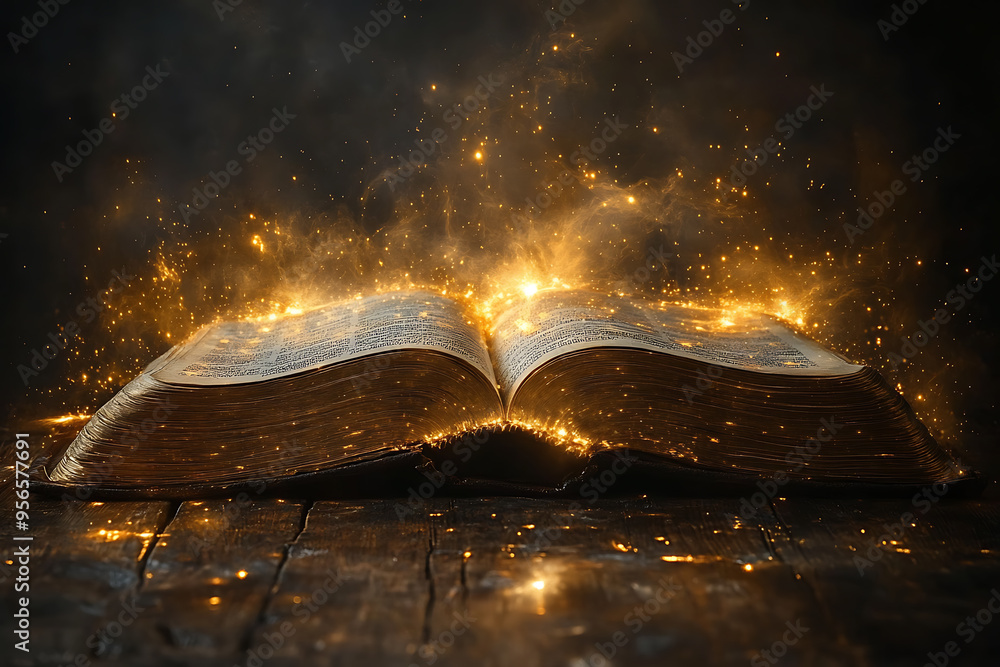 Poster an open book illuminated by a focused light from above, symbolizing divine guidance, with the light 