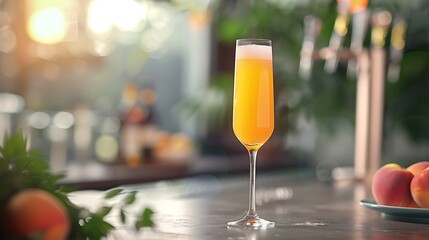 Classic Bellini with peach puree and prosecco, served in a flute on a stylish bar counter with soft lighting. 