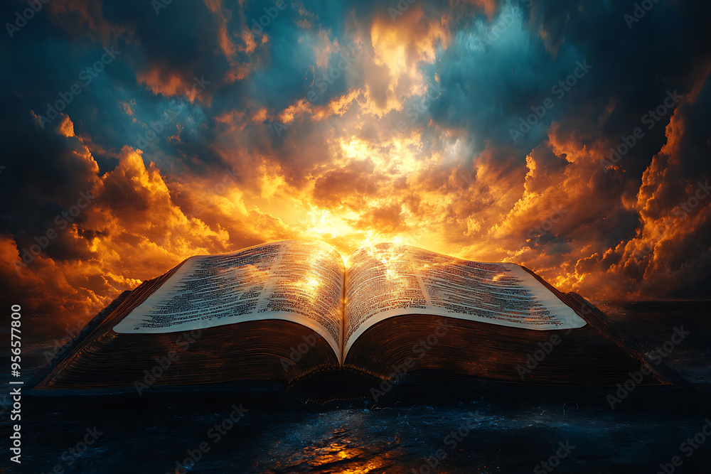 Poster an open book illuminated by a focused light from above, symbolizing divine guidance, with the light 
