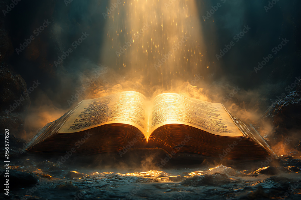 Poster an open book illuminated by a focused light from above, symbolizing divine guidance, with the light 