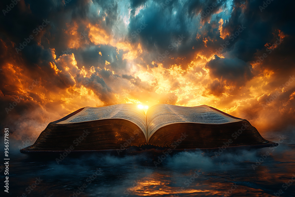 Poster an open book illuminated by a focused light from above, symbolizing divine guidance, with the light 