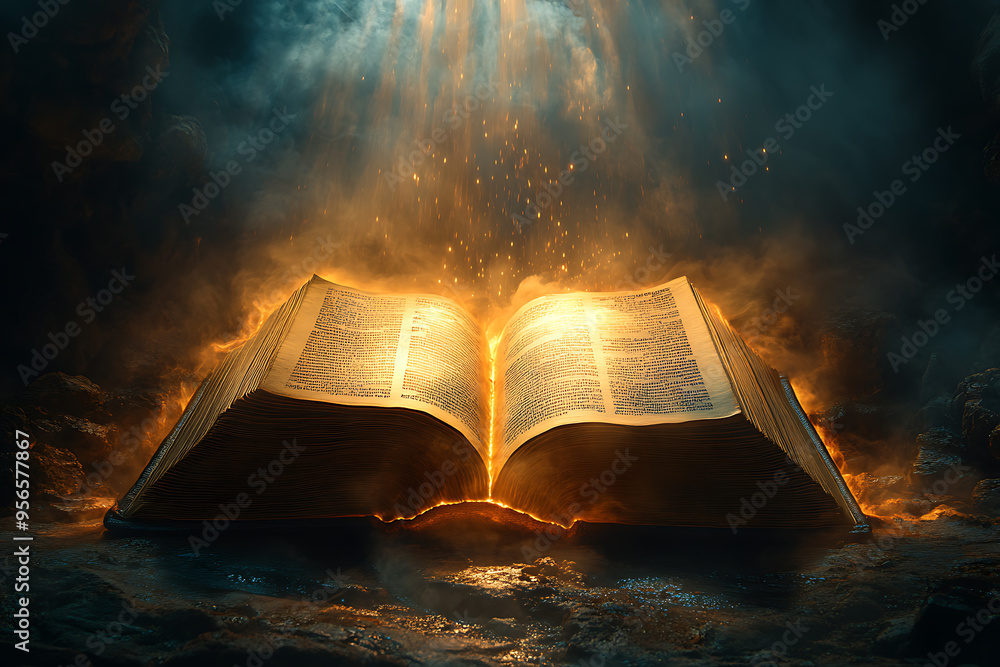 Poster an open book illuminated by a focused light from above, symbolizing divine guidance, with the light 