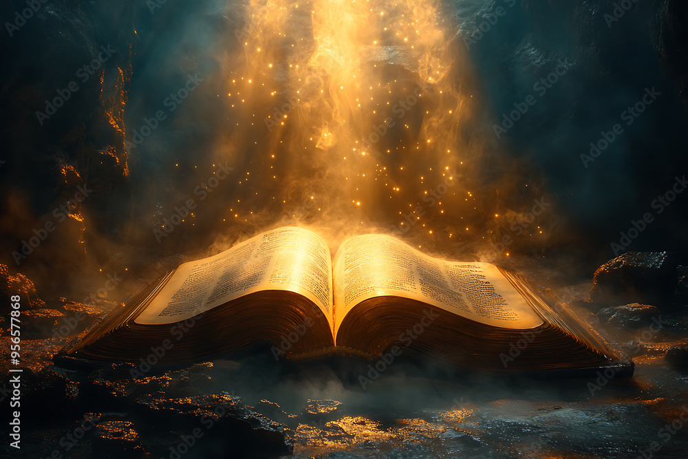 Poster an open book illuminated by a focused light from above, symbolizing divine guidance, with the light 